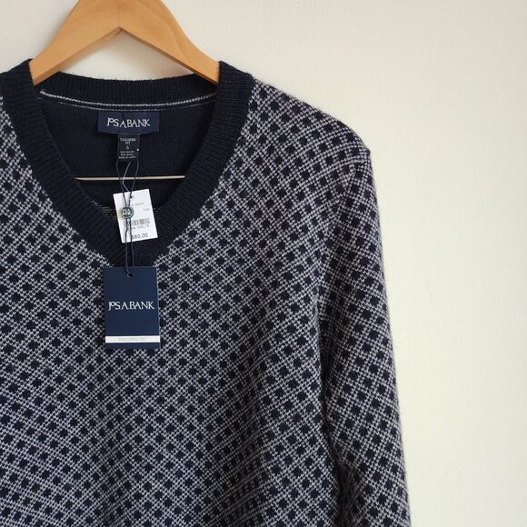 S Sweater Blue New Jos A Bank Small V Neck Nwt Winter Wool Blend Navy Diamond Sz - Picture 12 of 17